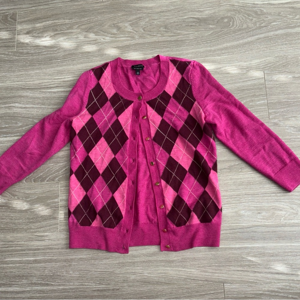 Talbots Pink and Burgundy Argyle Cardigan